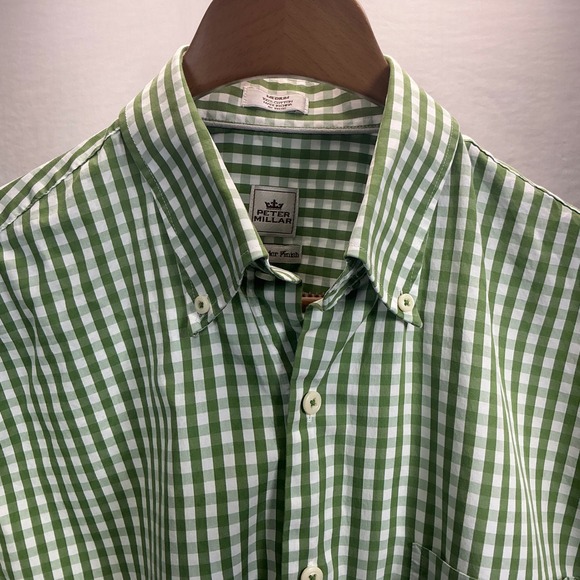 Peter Millar Gingham Button Down Shirt‎ Weekender Finish Green White Medium - Picture 4 of 7